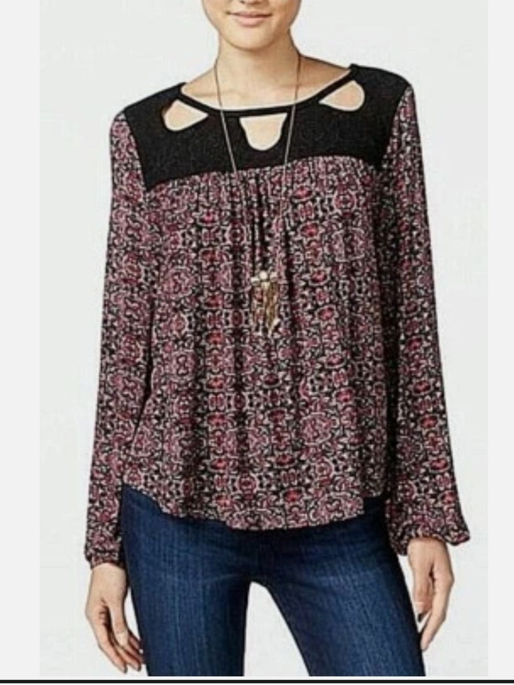 Jessica Simpson Boho Print Blouse XS Cutout Neck Long Sleeve Flowy Top